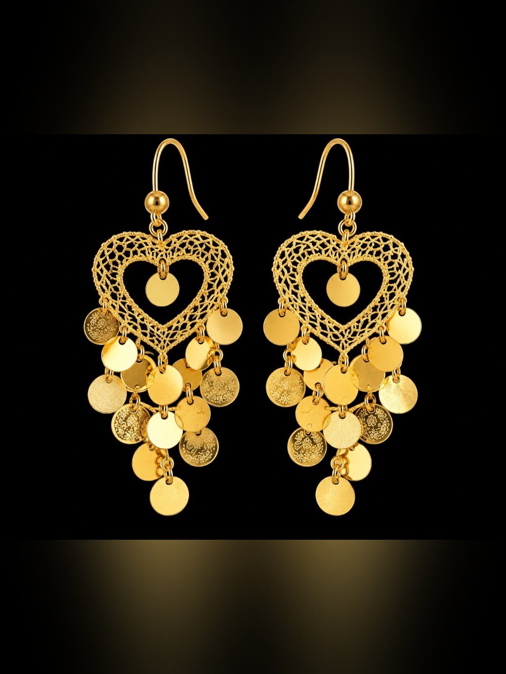 22kgp Dubai Jewelry Gold Heart Filigree Dangle Earrings
